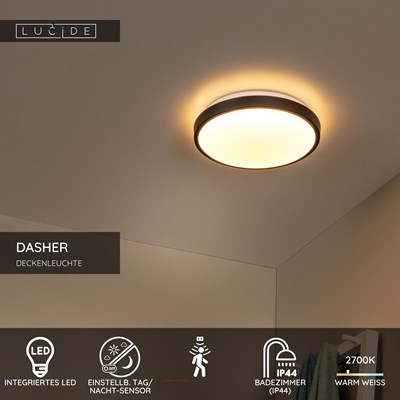 Lucide DASHER - Deckenleuchte Badezimmer - Ø 29,3 cm - LED - 1x12W 2700K - IP44 - Bewegungssensor - Schwarz
